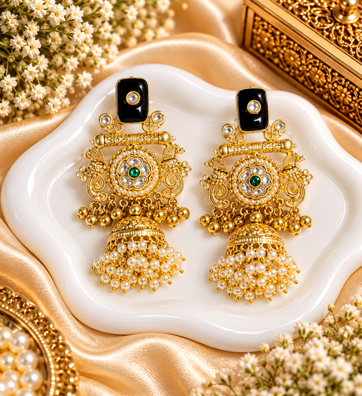 premium kashmiri jhumka earrings with pearl detailing