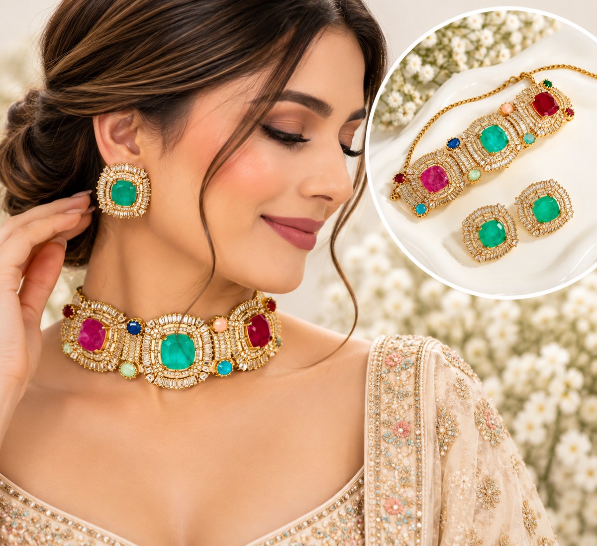 Multicolour Doublet stone chokar necklace set