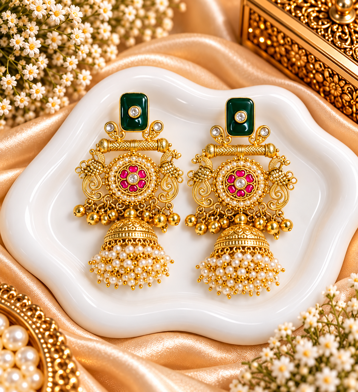 premium kashmiri jhumka earrings with pearl detailing