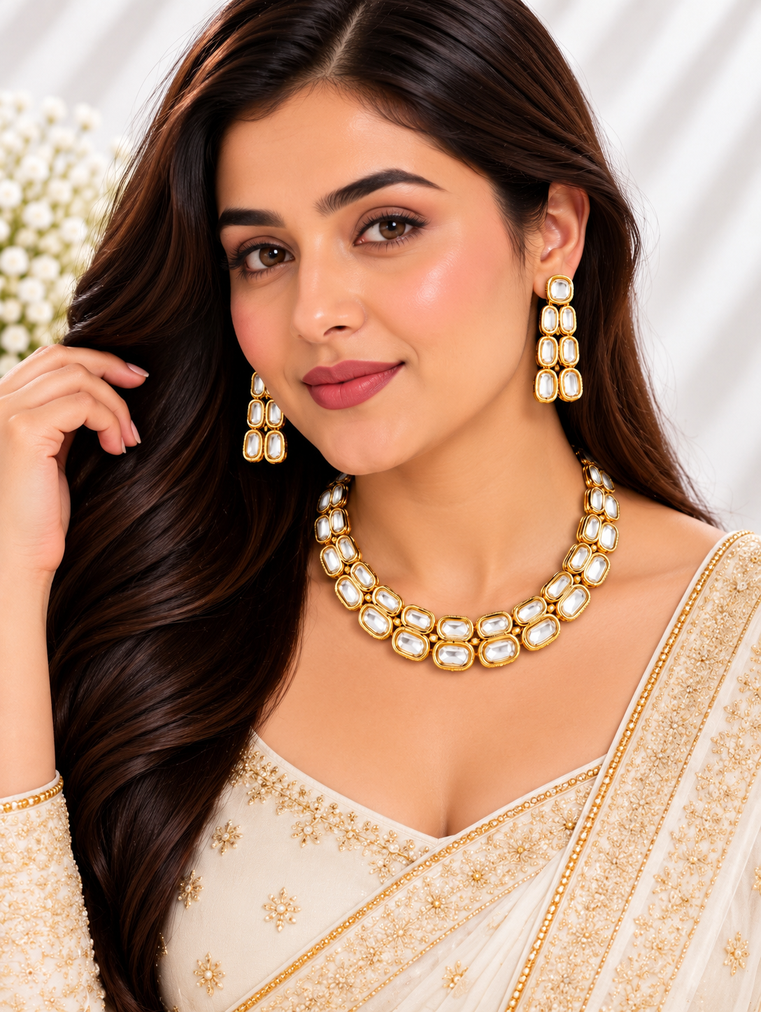 Elegant double row white kundan necklace set