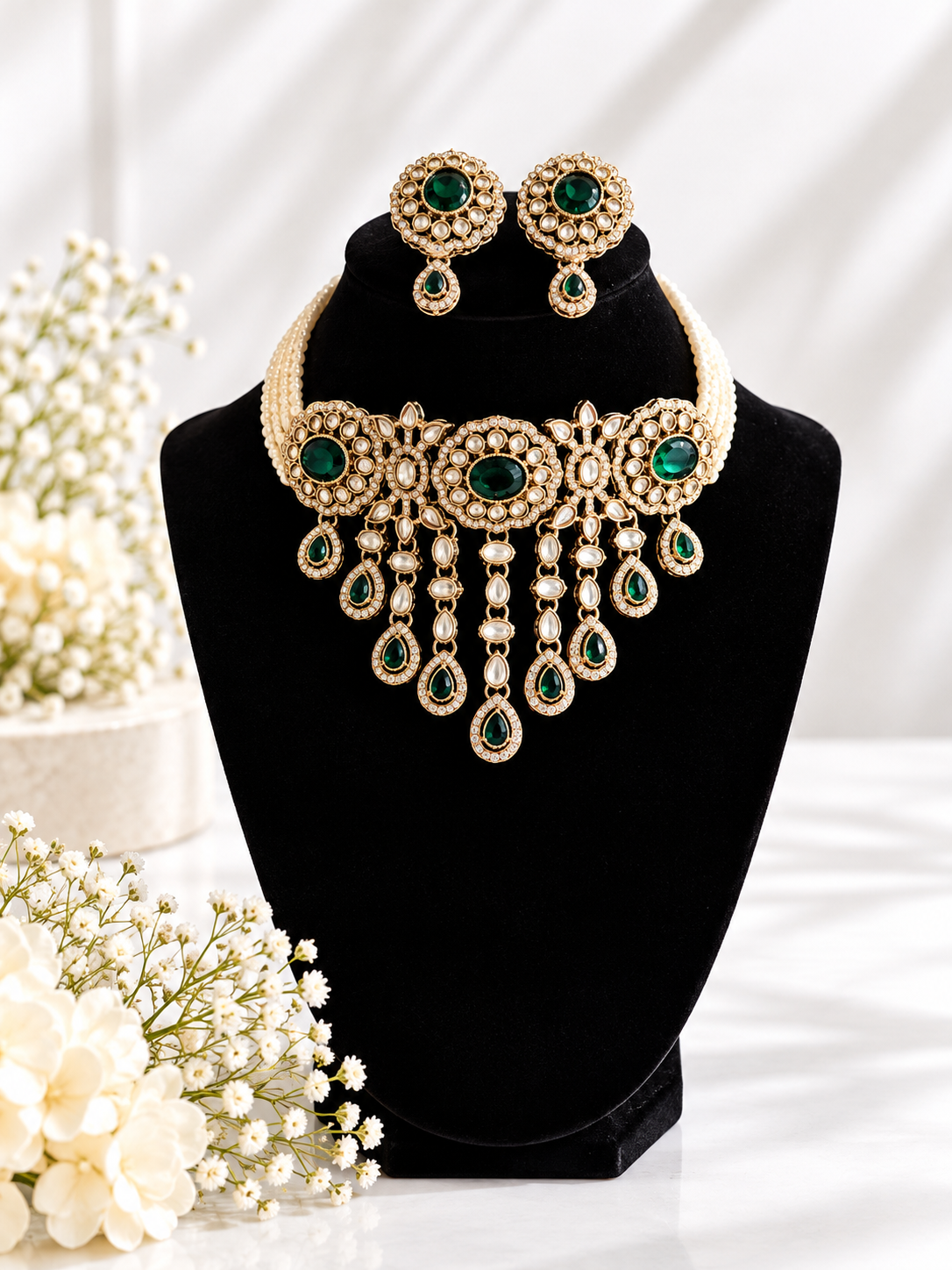 Kundan pearl chokar set  - Ruby & green