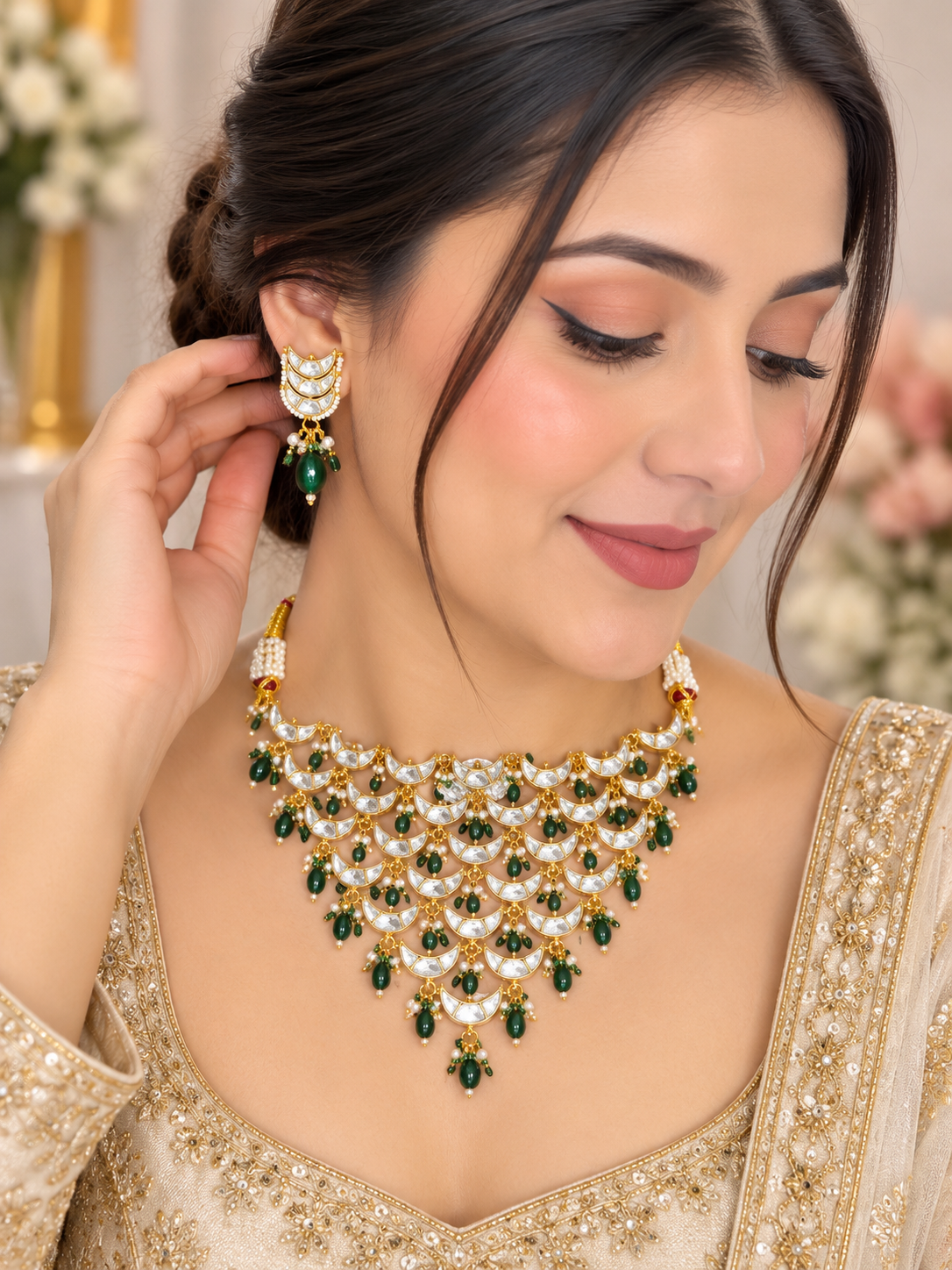 Pachi kundan necklace set with green beads & earrings