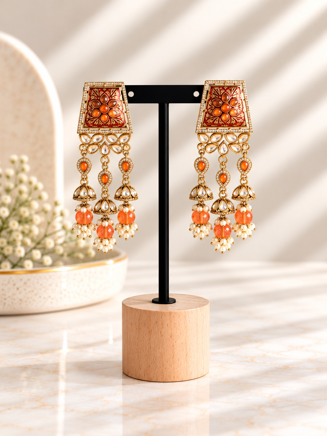 Orange meenakari kundan earrings