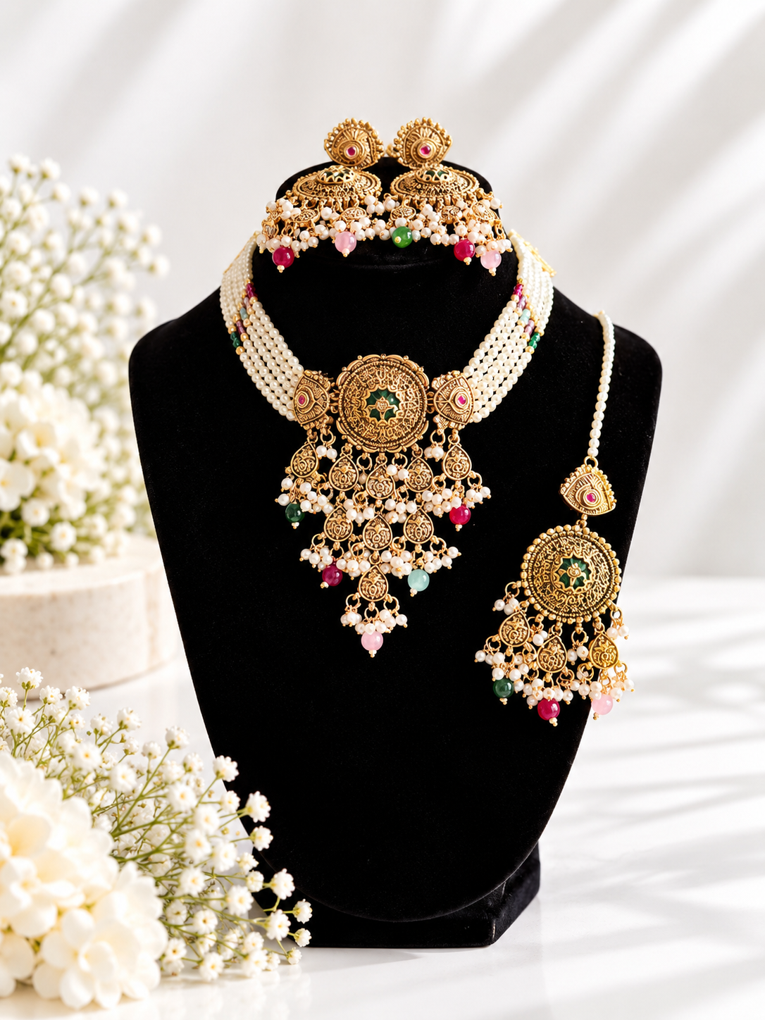 Royal multicolour pearl chokar set with jhumka & maang tikka