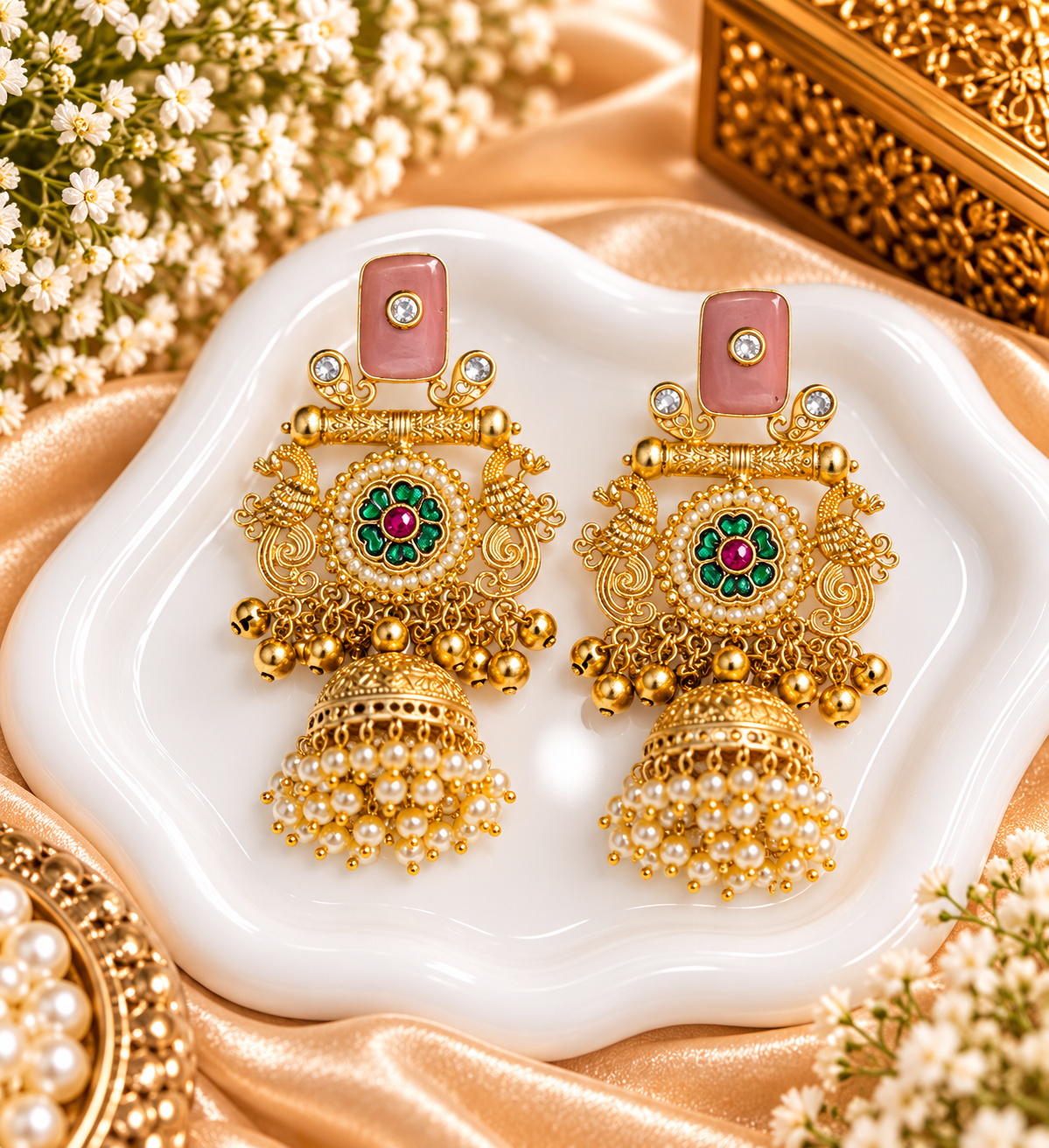 premium kashmiri jhumka earrings with pearl detailing