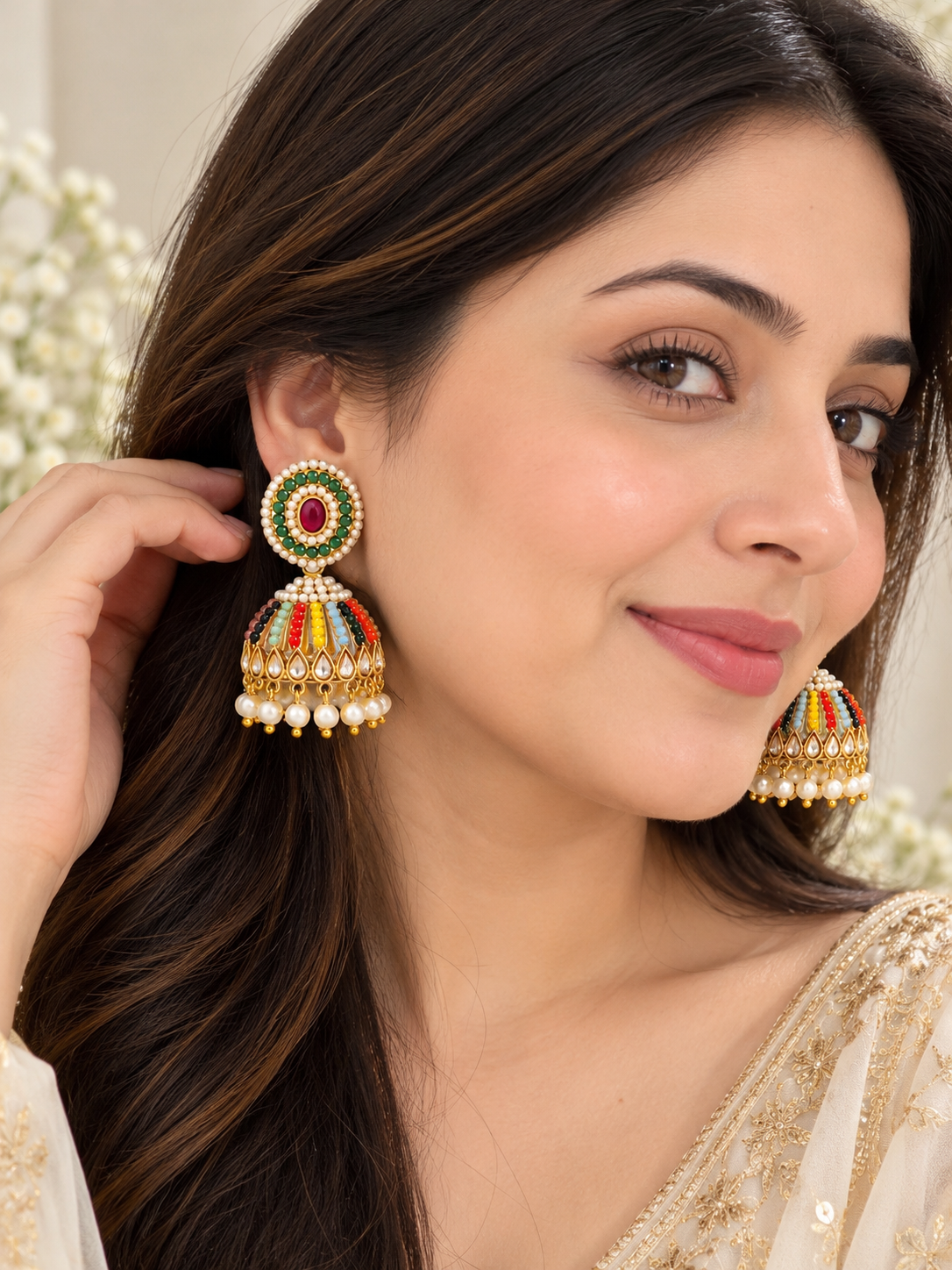 Multicolour pearl kundan jhumka
