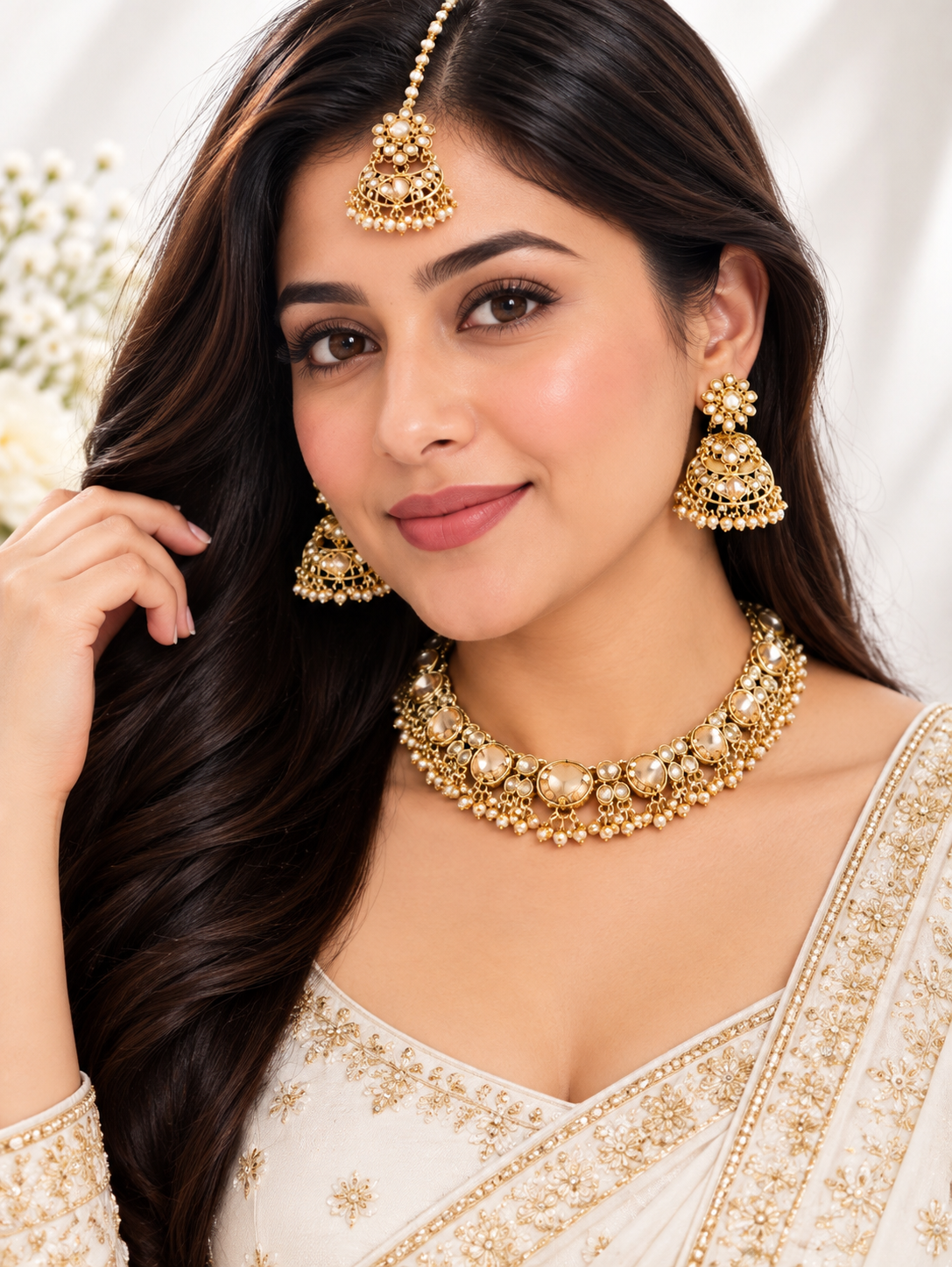 Pearl kundan chokar set with jhumka and maang tikka