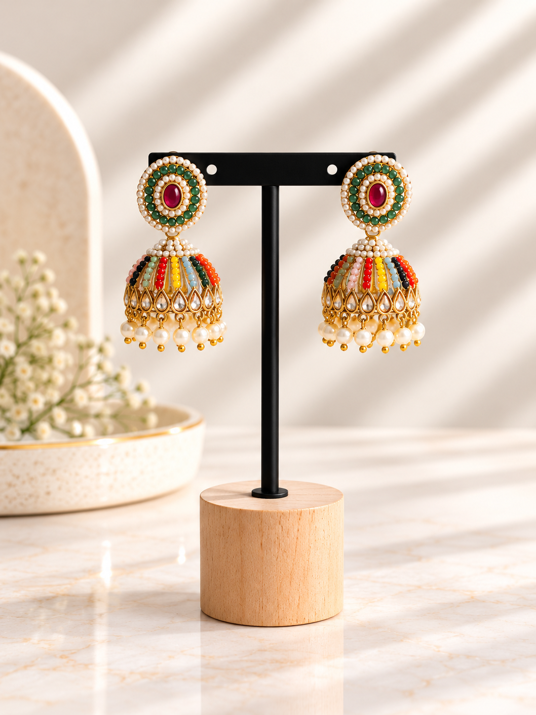 Multicolour pearl kundan jhumka