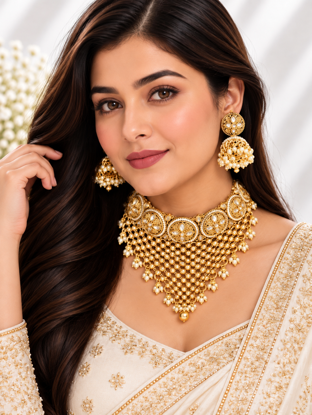 Royal maharani kundan pearl jhumka necklace set