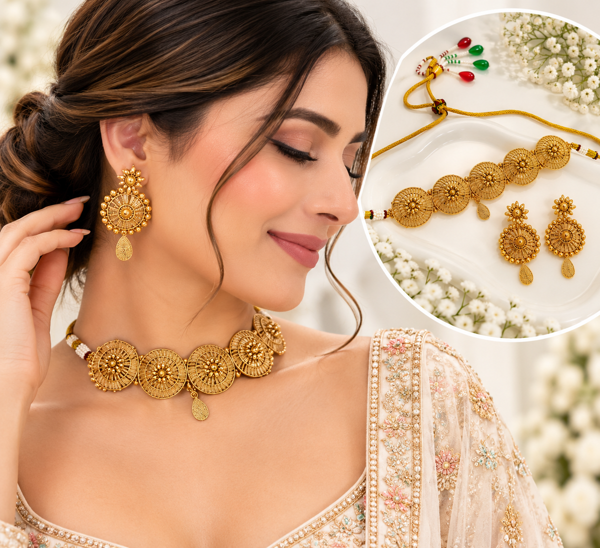 Antique gold traditional chokar necklace set