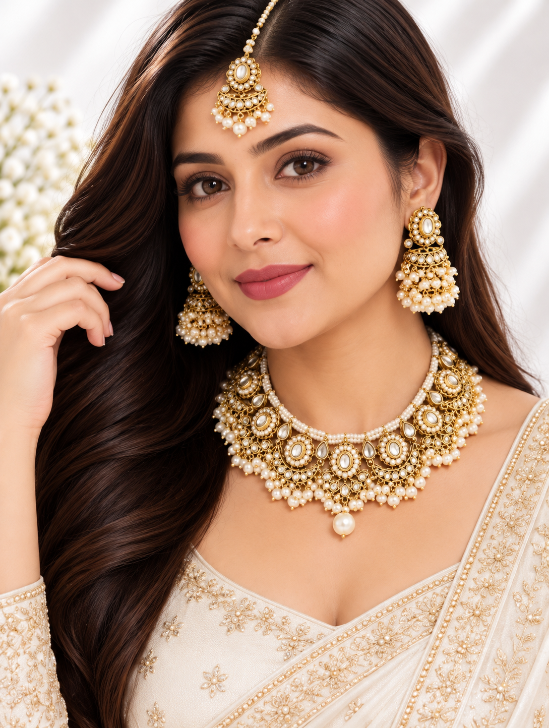 Kundan set- green & white pearl