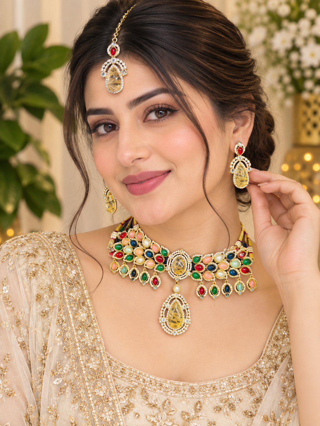 Multicolour polki chokar set
