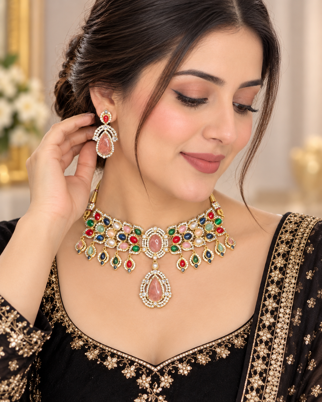 Multicolour polki chokar set