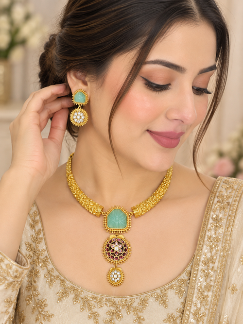 18k Gold plated Hasli with mint stones & earrings