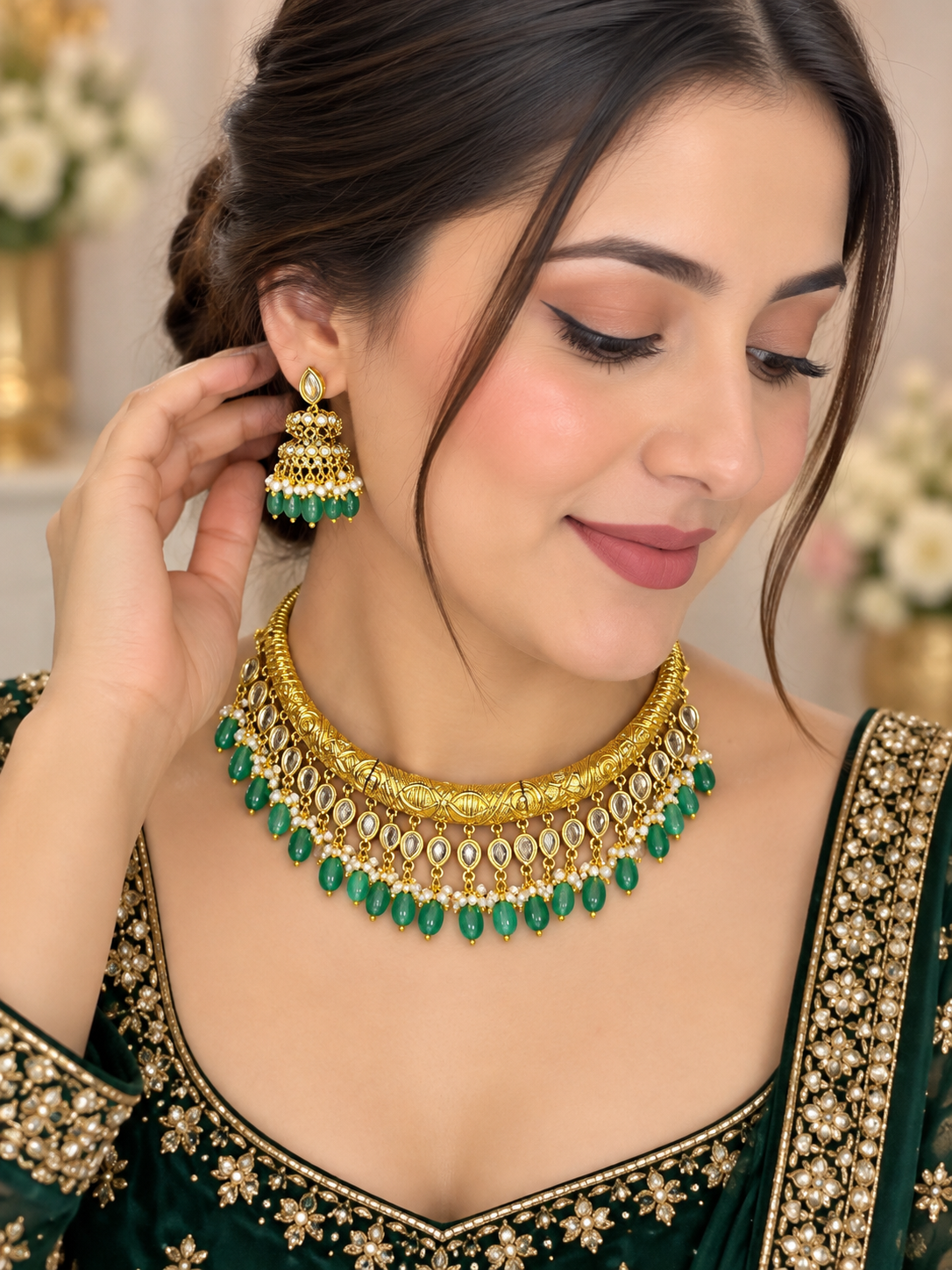 Brass polki hasli necklace with green beads & earrings