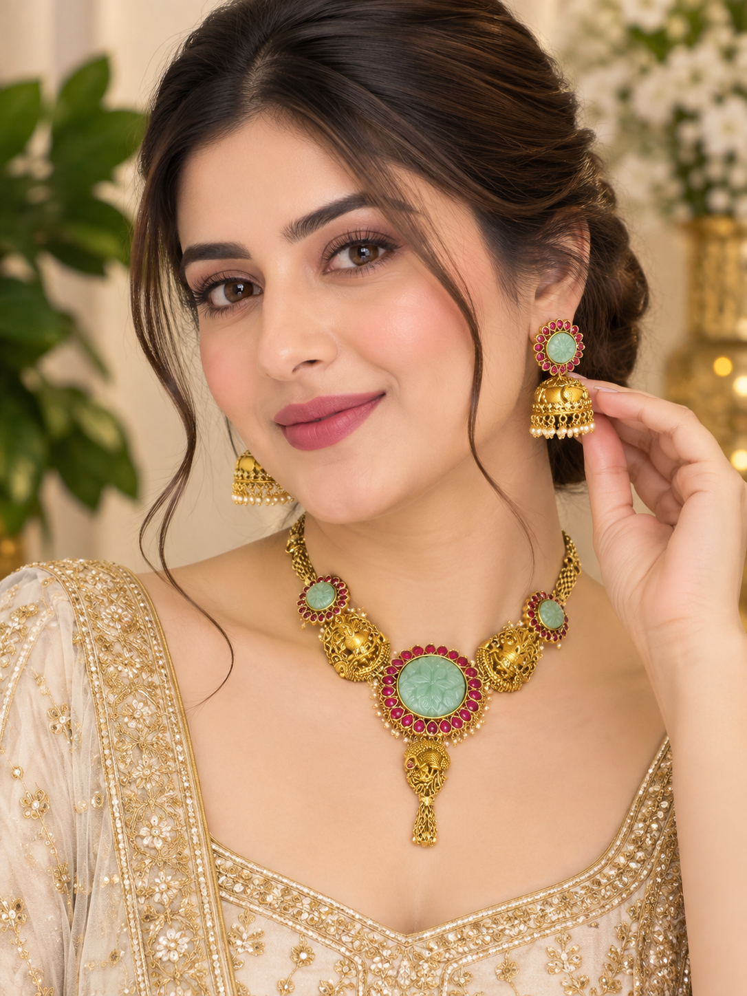Mehar mint temple necklace set