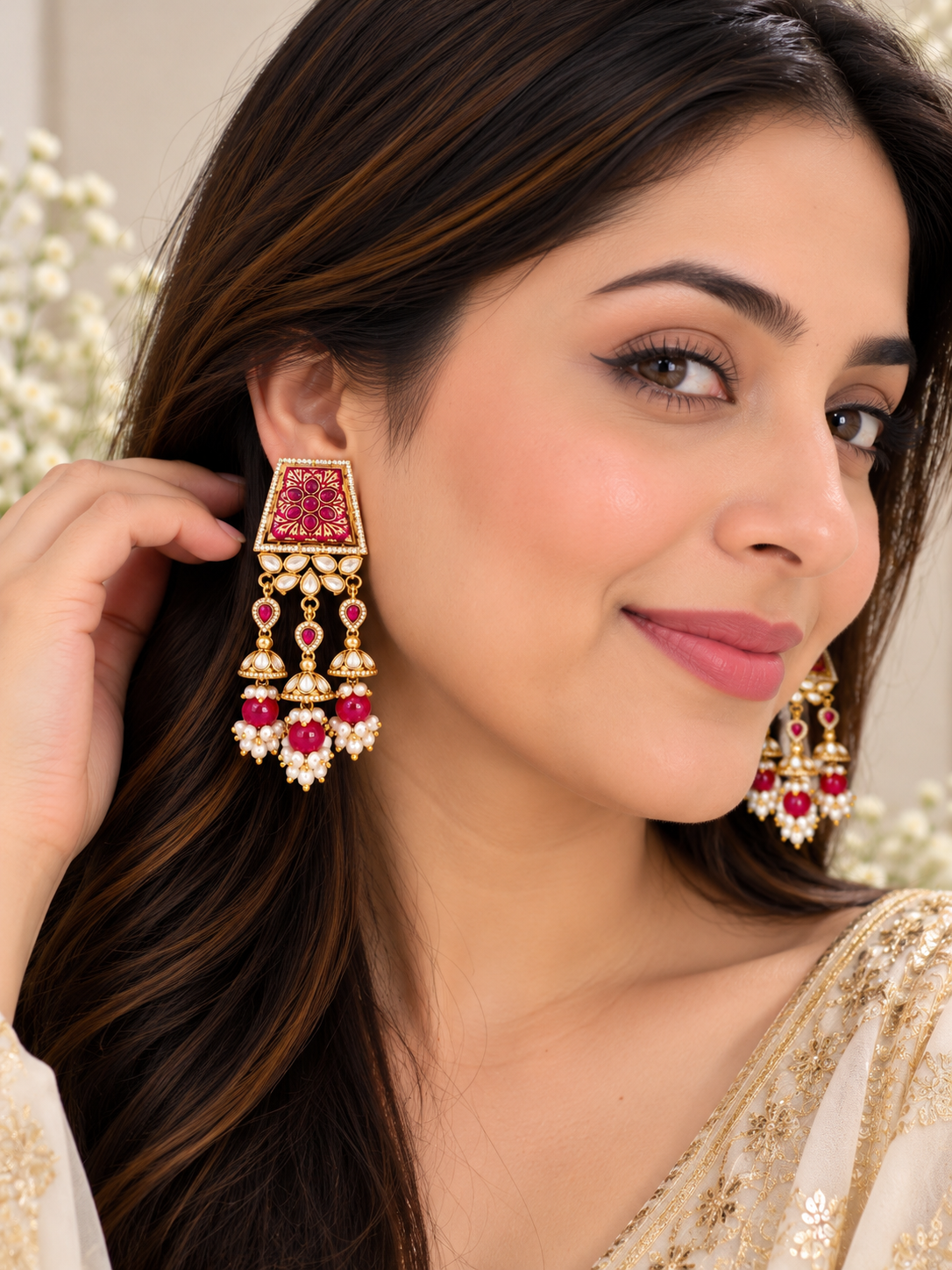 Ruby pink meenakari kundan earrings