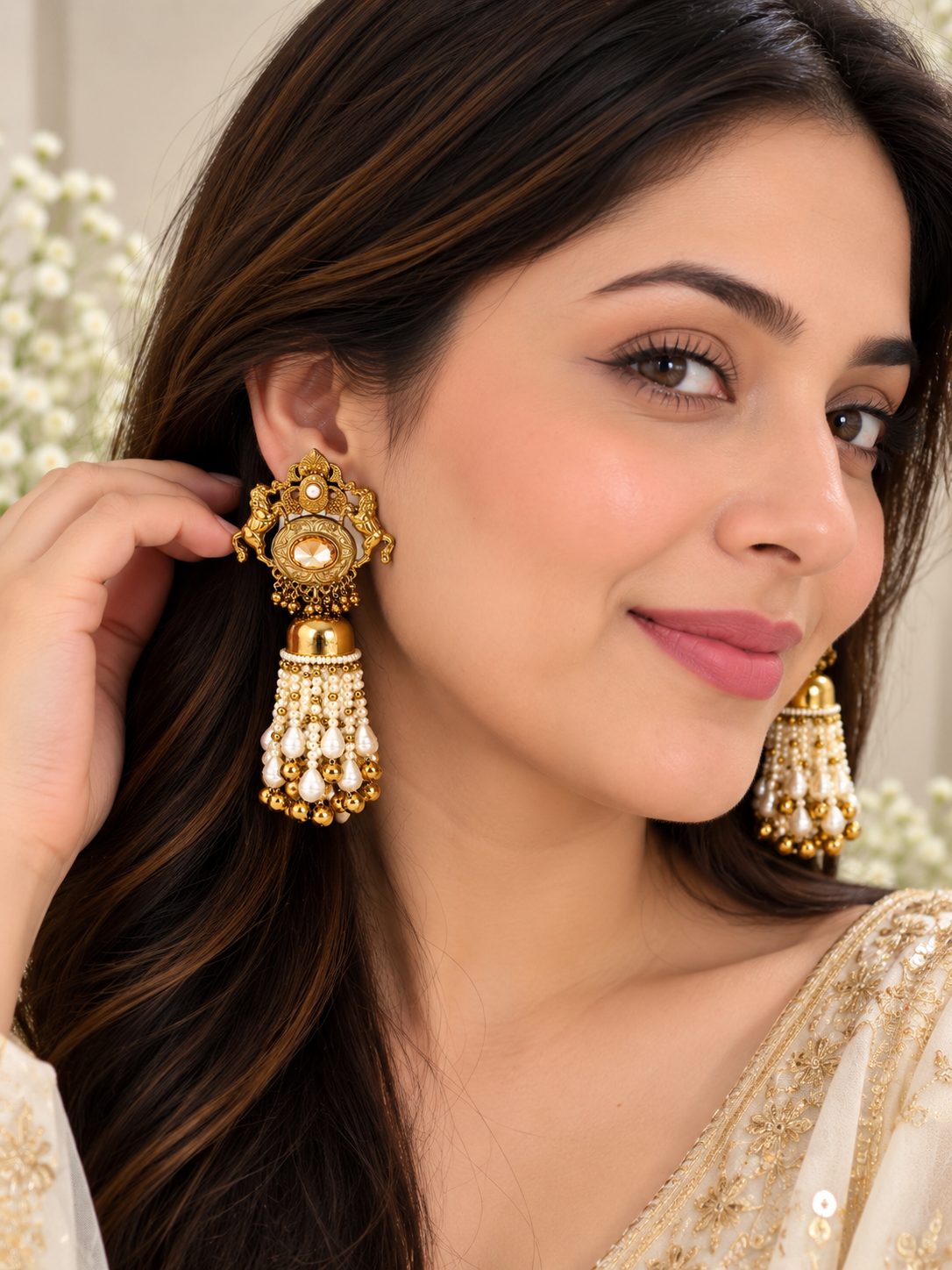 Royal gold pearl tassel jhumka earrings