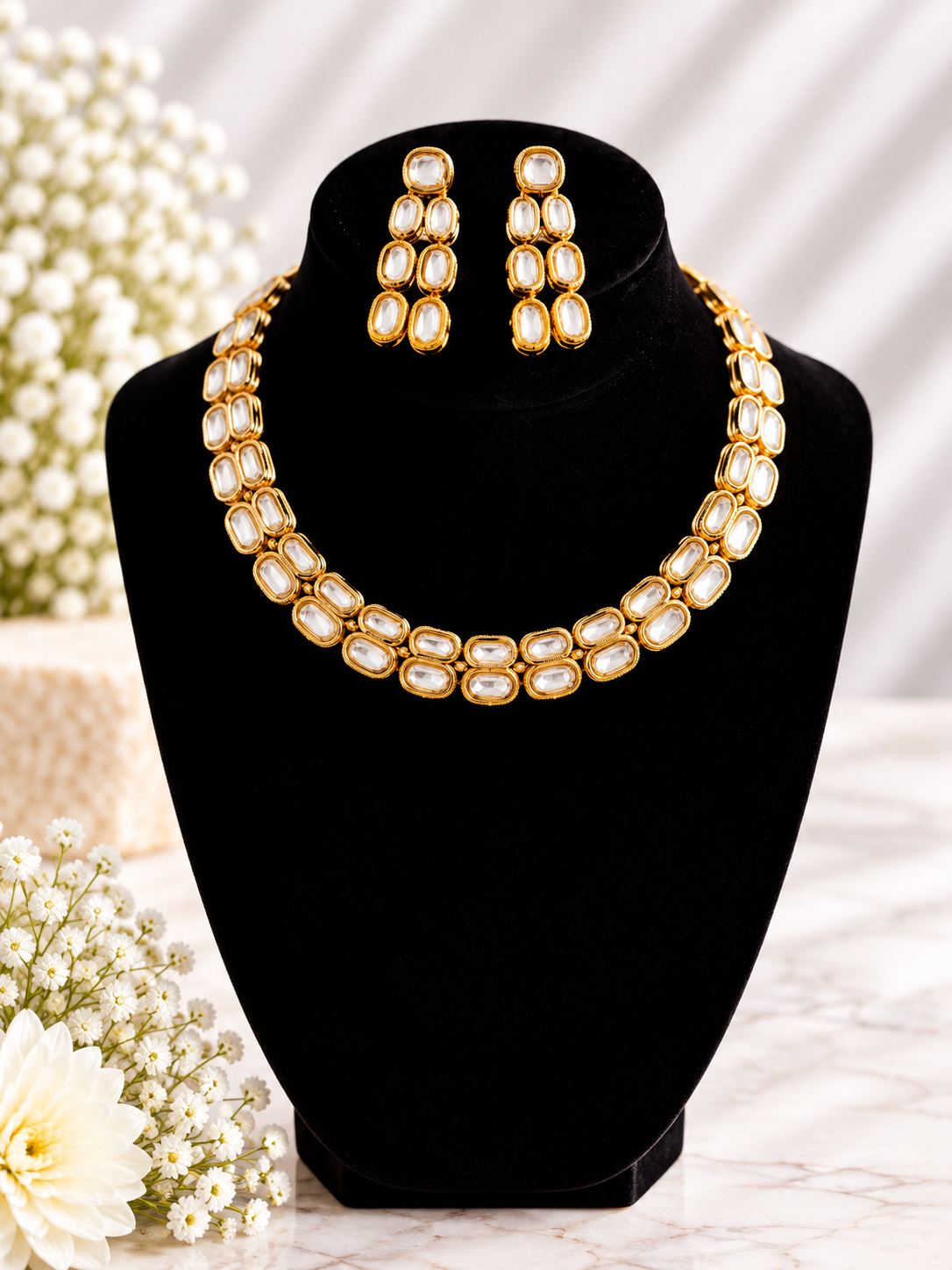 Elegant double row white kundan necklace set