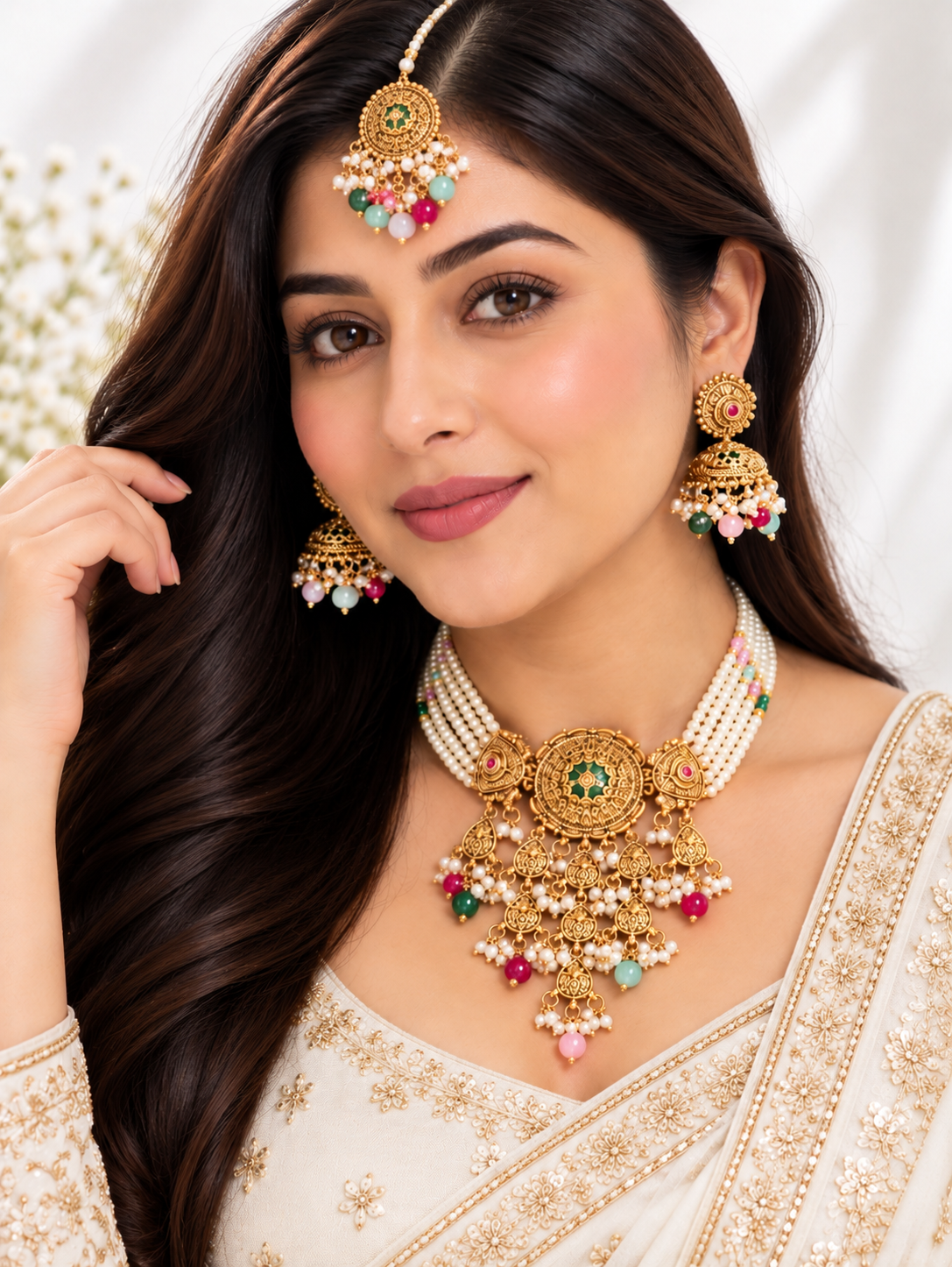 Royal multicolour pearl chokar set with jhumka & maang tikka