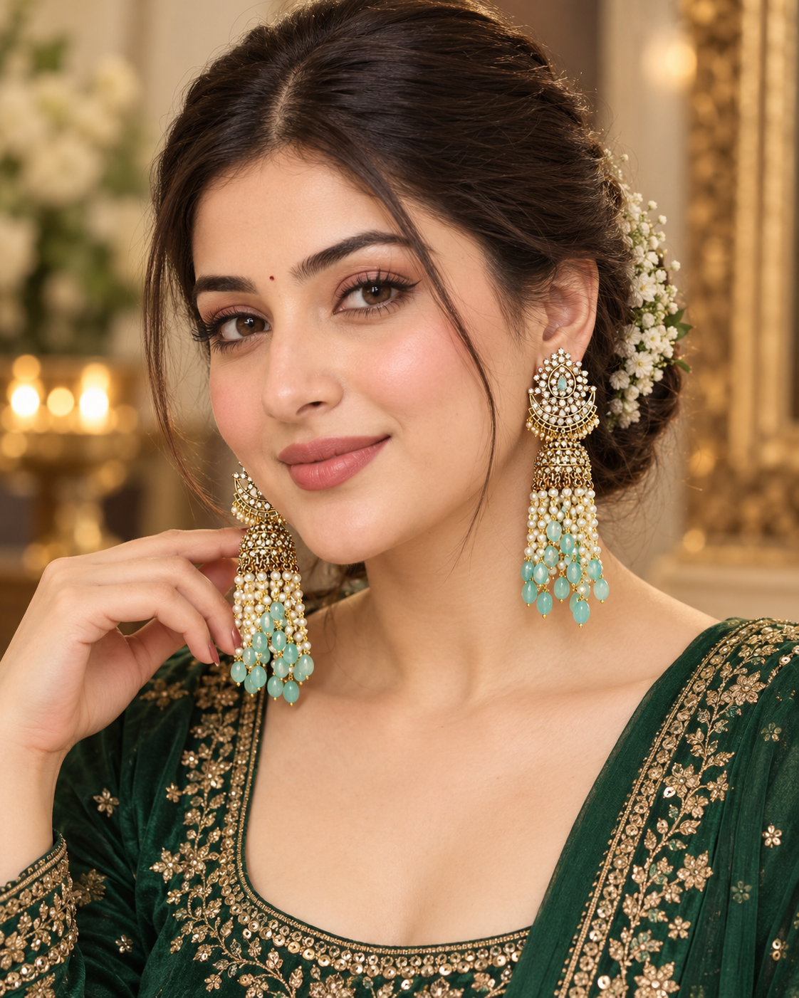 Mint green pachi kundan jhumka earrings with pearl beads