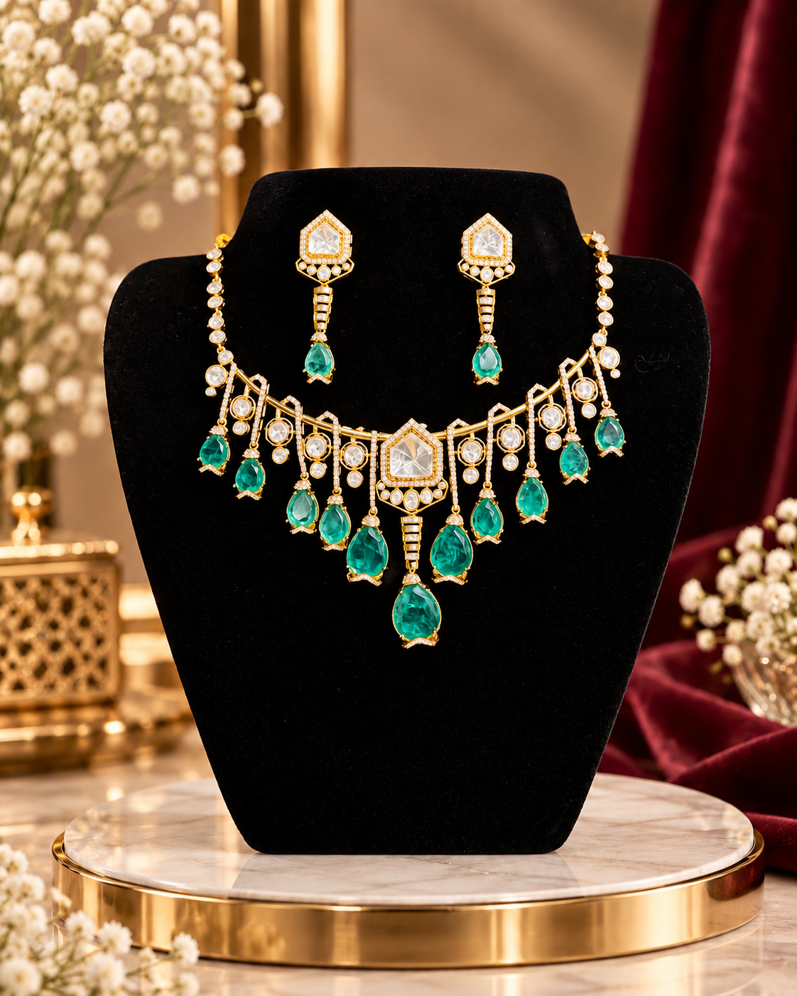 Green pachi kundan necklace set with matching earrings