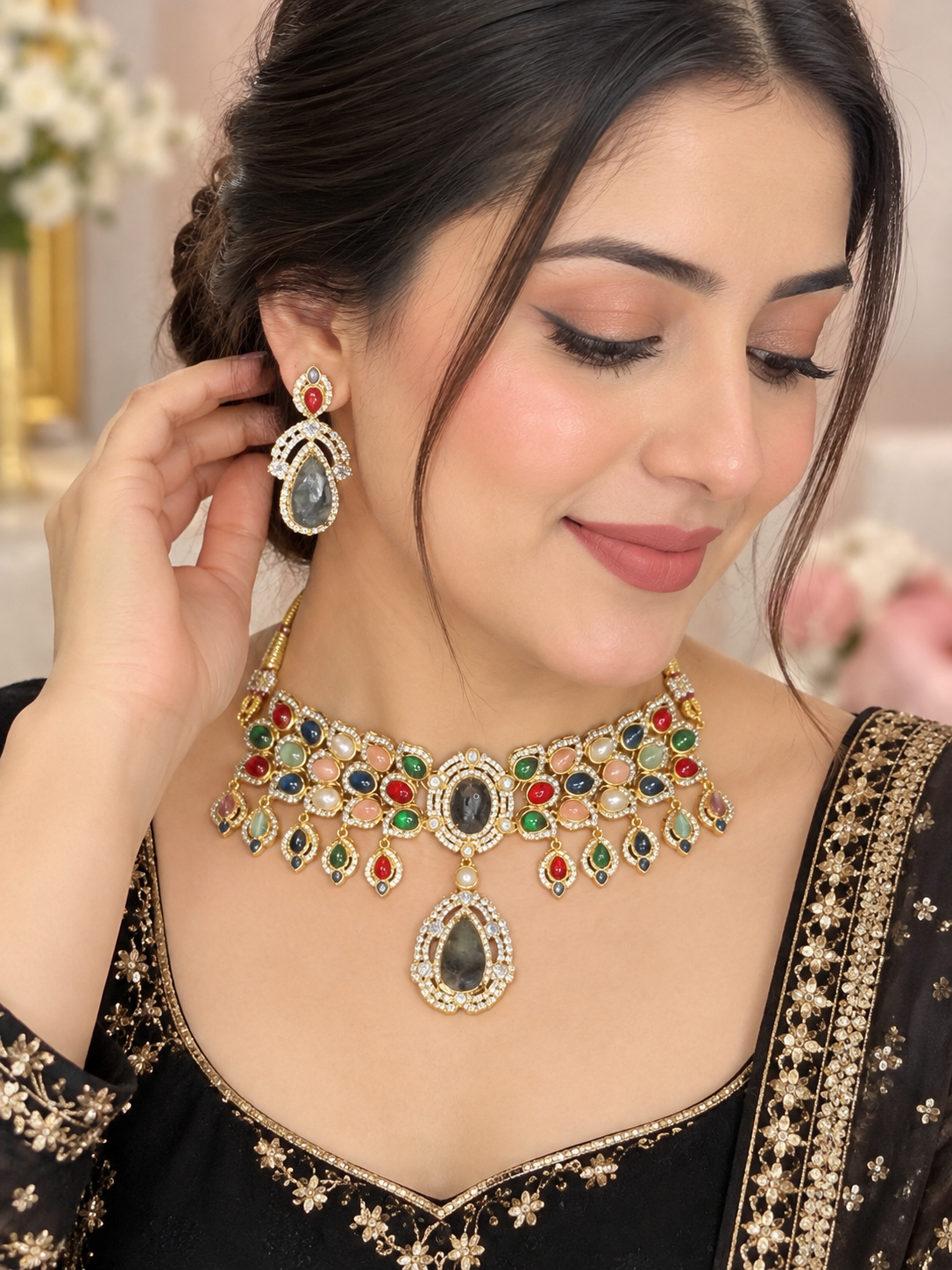 Multicolour polki chokar set