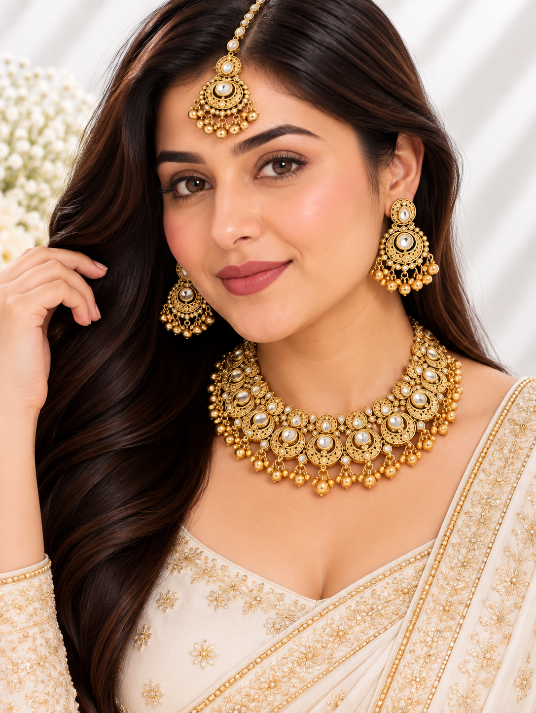 Royal antique gold kundan necklace set with maang tikka
