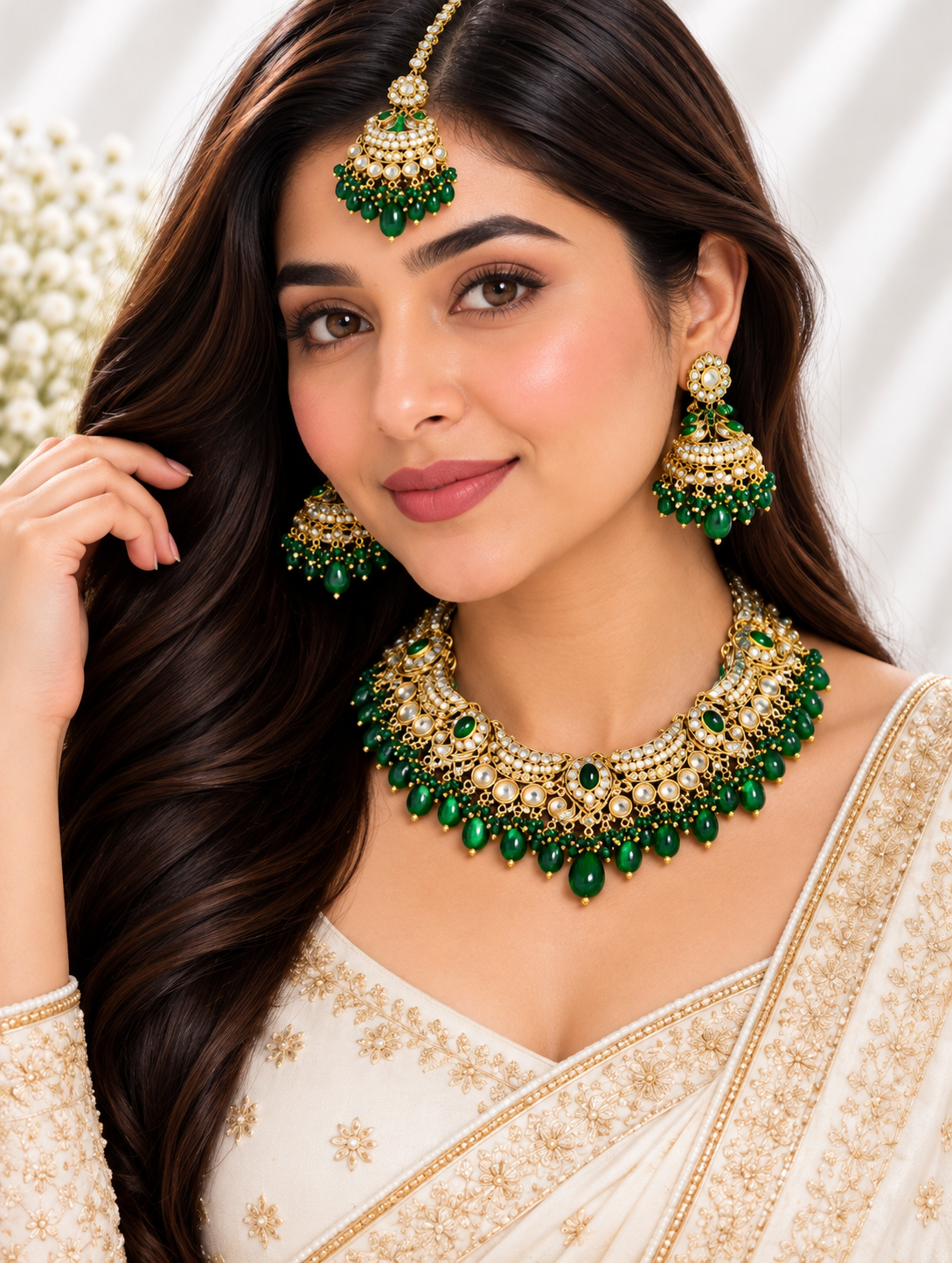 Kundan set- green & white pearl