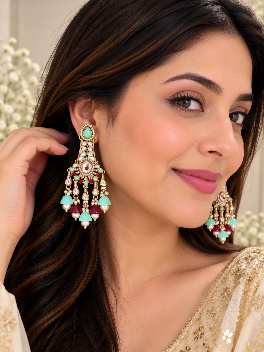 Mint green & ruby kundan chandbali earrings