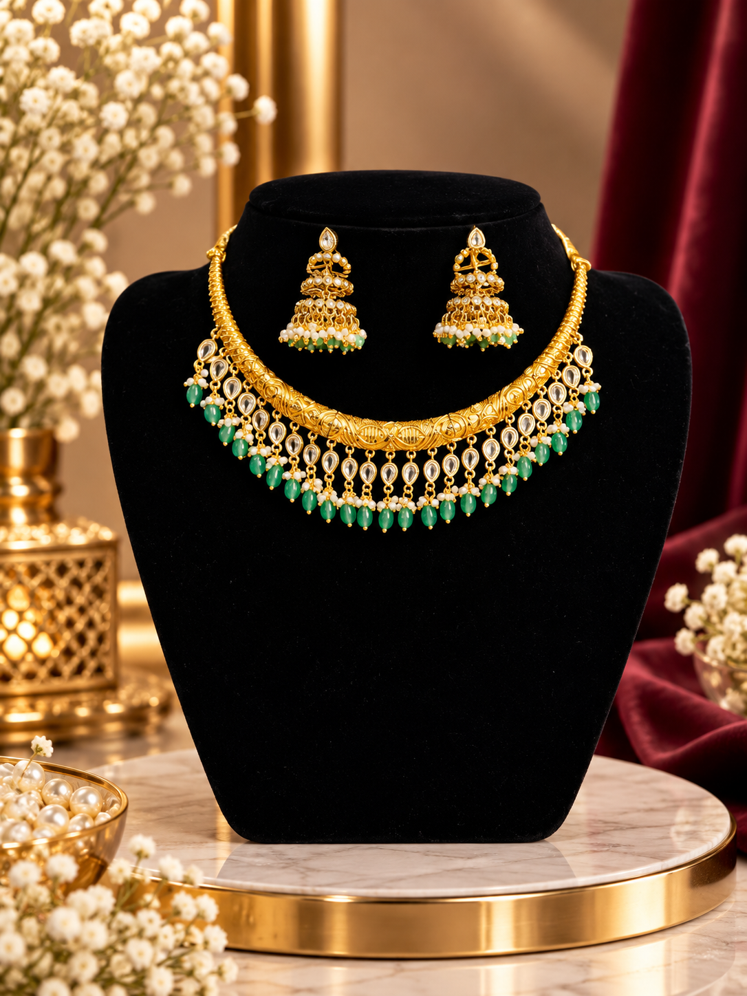 Brass polki hasli necklace with green beads & earrings