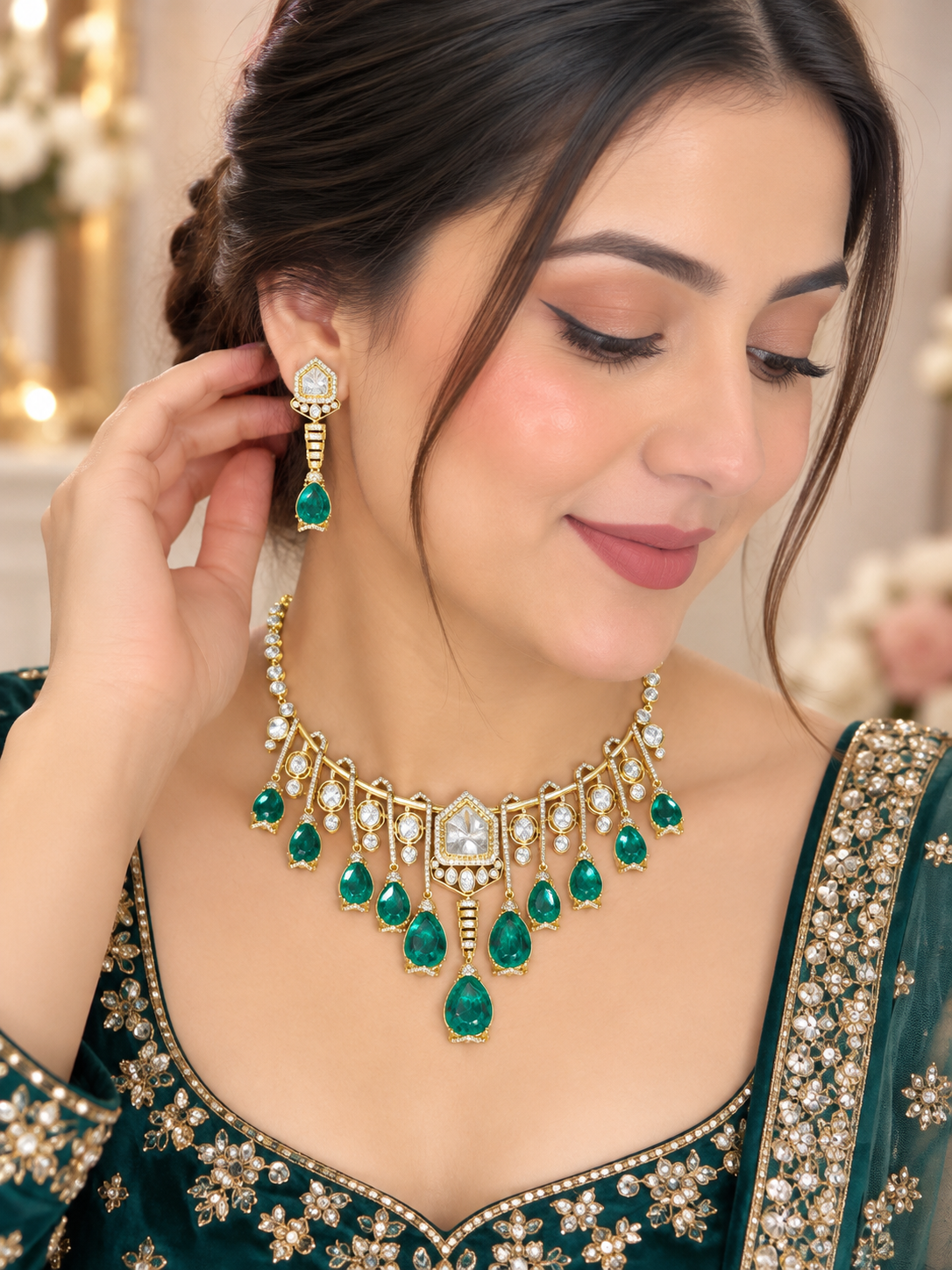 Green pachi kundan necklace set with matching earrings