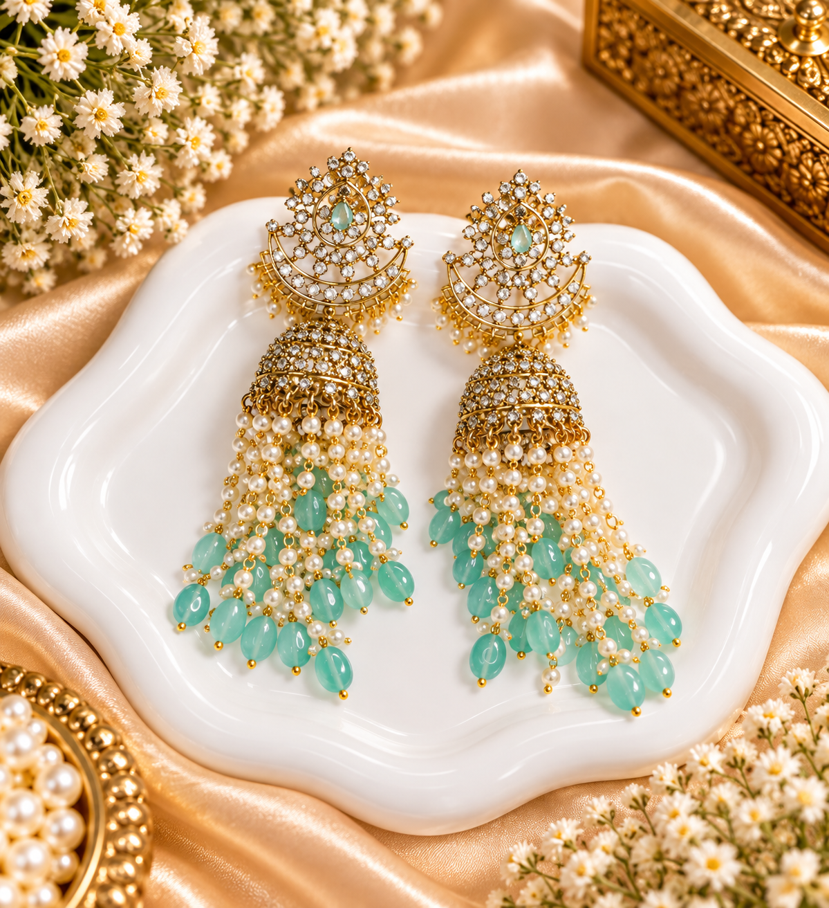 Mint green pachi kundan jhumka earrings with pearl beads