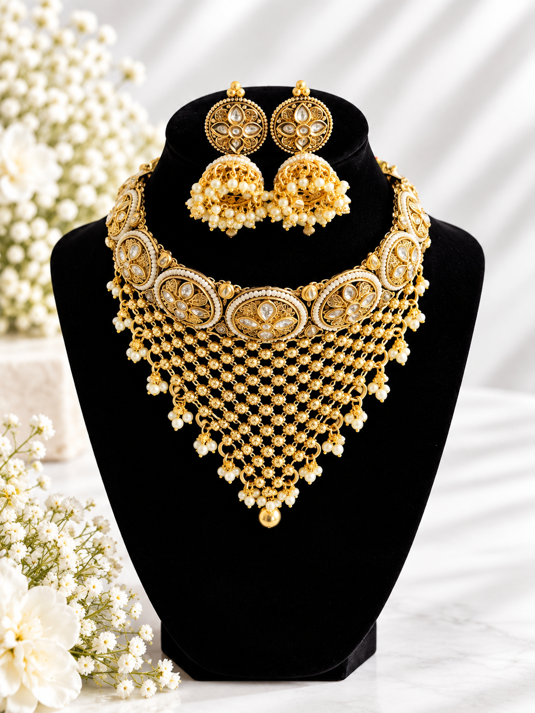 Royal maharani kundan pearl jhumka necklace set