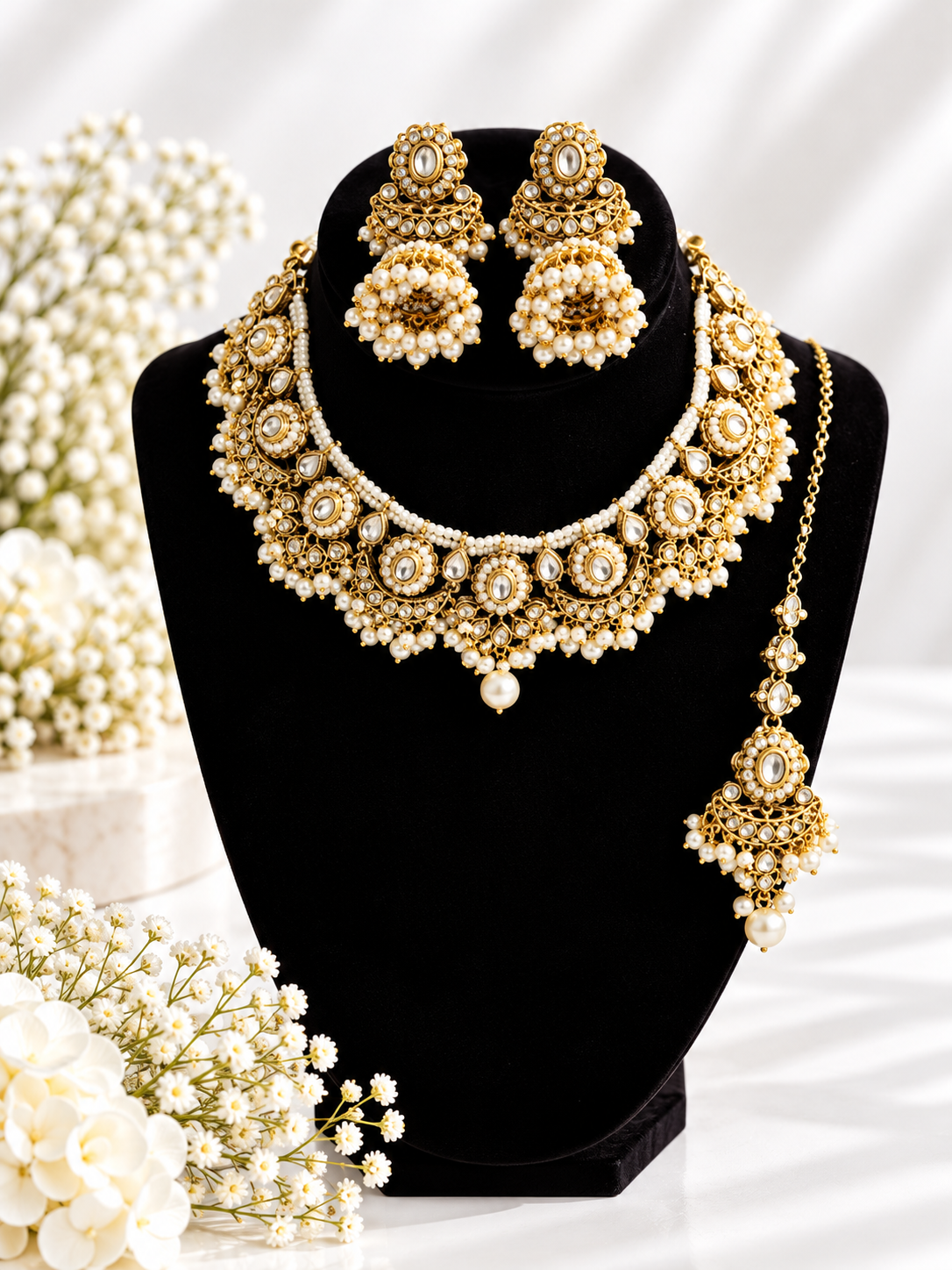 Kundan set- green & white pearl