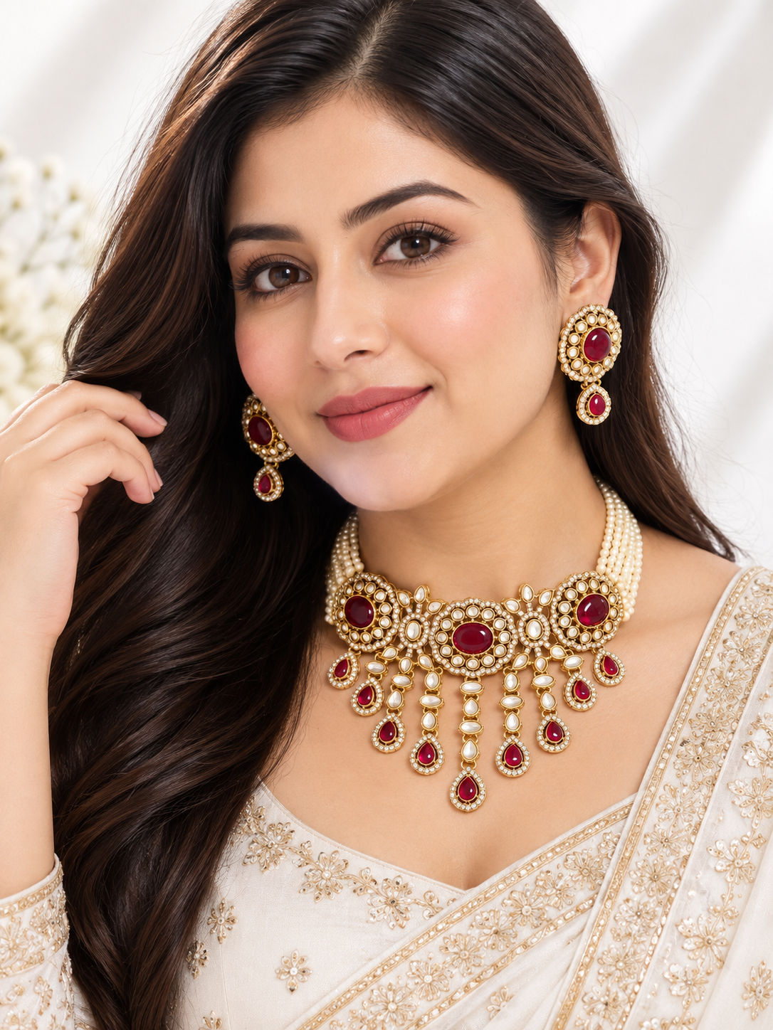 Kundan pearl chokar set  - Ruby & green