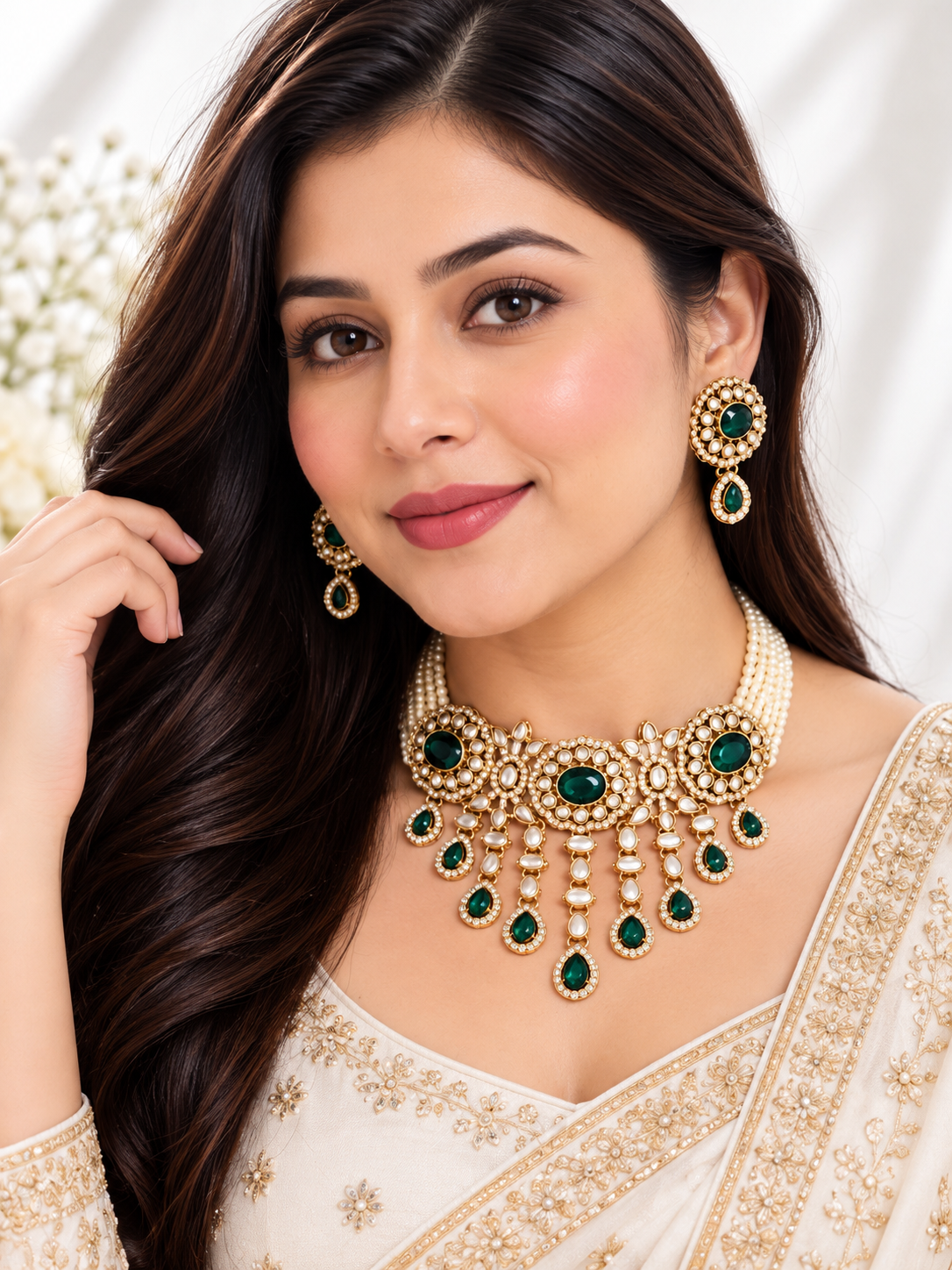 Kundan pearl chokar set  - Ruby & green