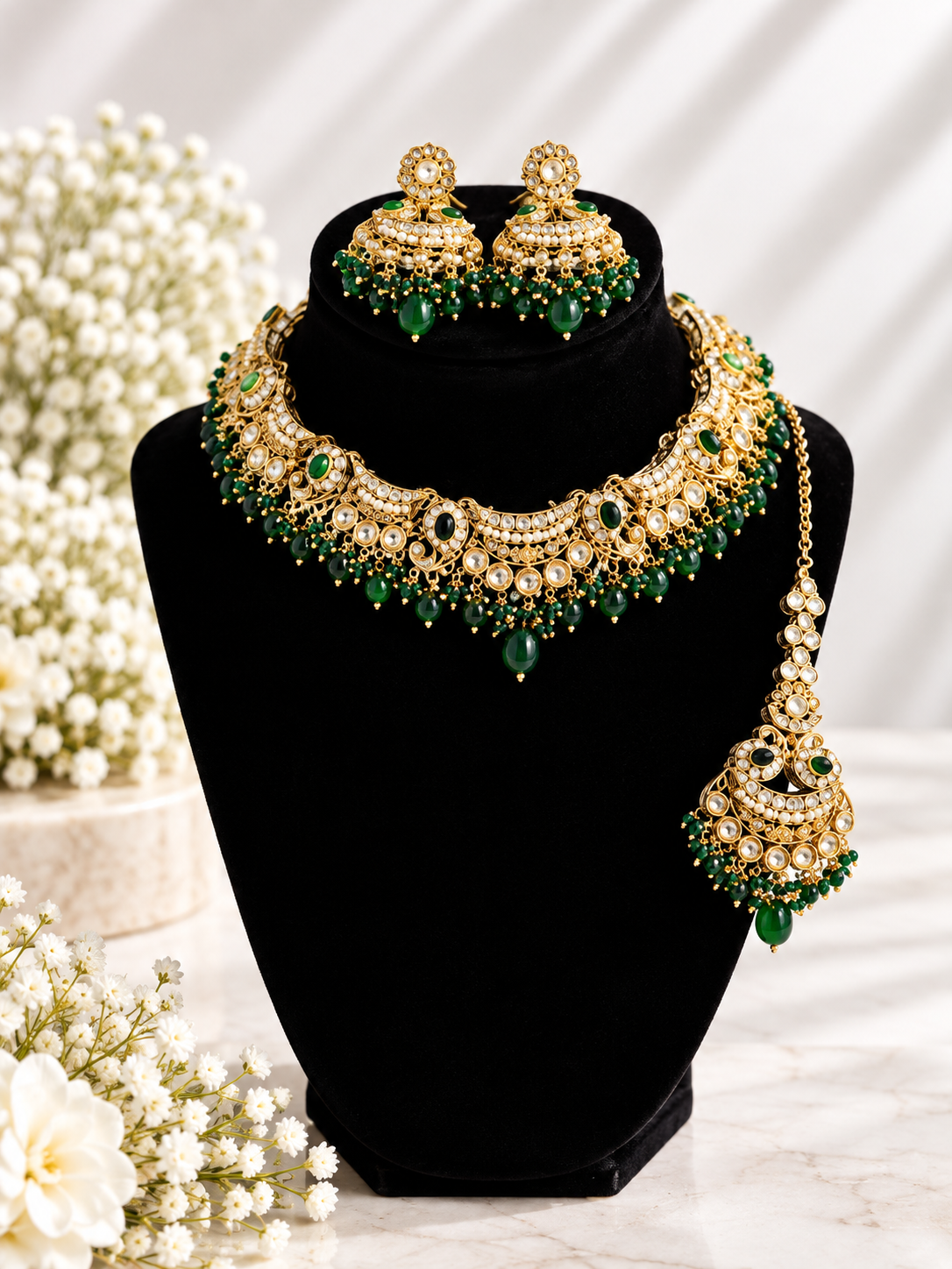 Kundan set- green & white pearl
