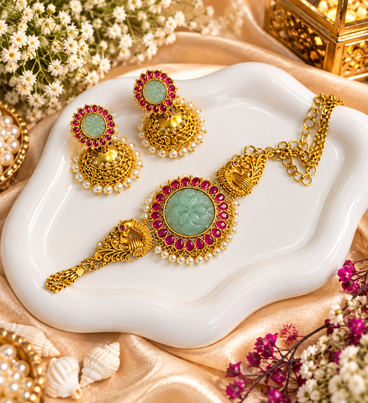 Mehar mint temple necklace set