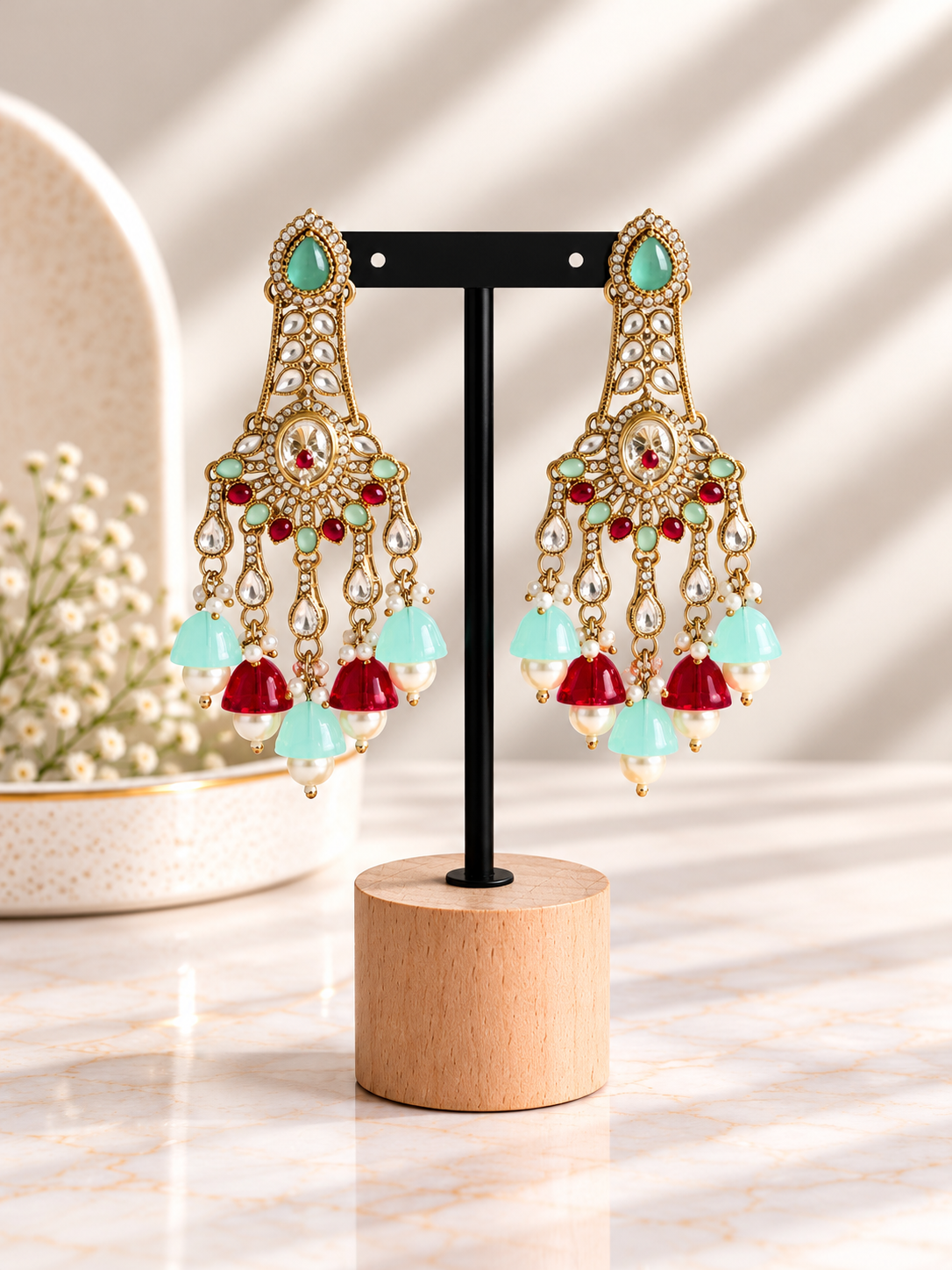 Mint green & ruby kundan chandbali earrings