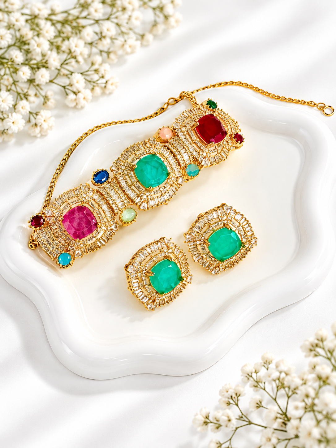Multicolour Doublet stone chokar necklace set